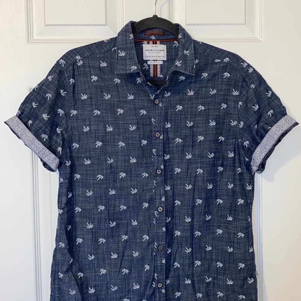 Denim & Flower Palm Tree Button Down Shirt